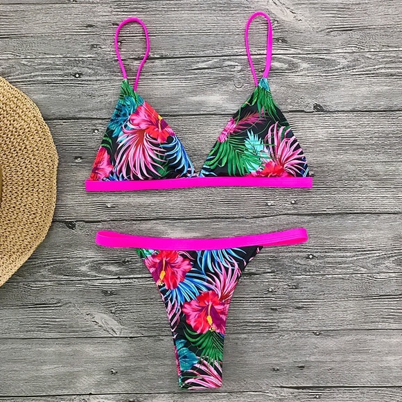 ❗️2 LEFT❗️ Neon Pink Tropical Bikini Set A - Picture 3 of 4